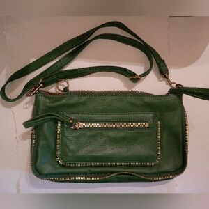 Linea Pelle Forest Green Crossbody Bag with Gold Zippers